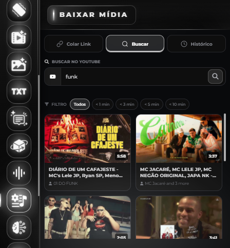 Tela de busca e download de mídia do GalakFXPanel